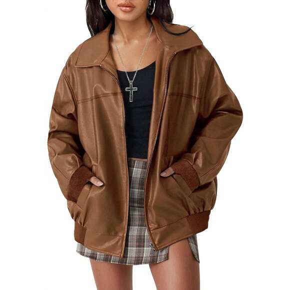 Leather light brown Jacket Women Faux Suede Oversized Motorcycle Fall Winter - Picture 1 of 6